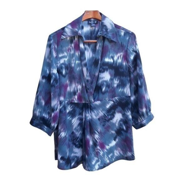 Retro 70's Wing Collar Surplice Long Sleeve Tunic Top Blurred Brushstroke Sz 1X - Picture 1 of 8